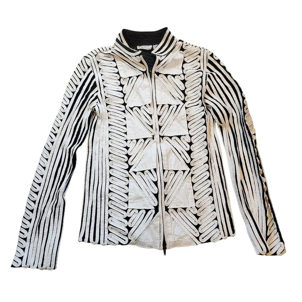 Obstinee Womens Textured Jacket Size 4 White Black Full Zip Mesh Lined High Neck